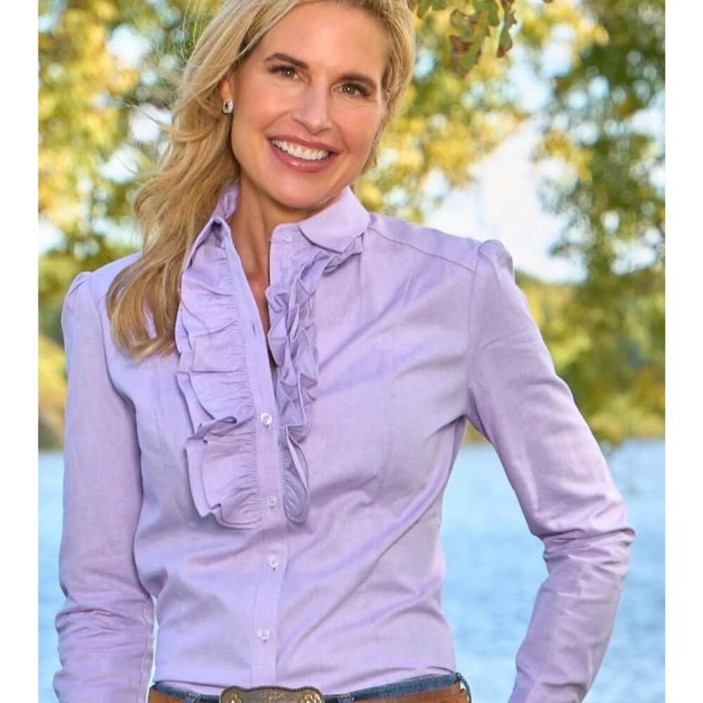 NWT Upland Bespoke Women’s XL Lavender Oxford Rifle Ruffle Blouse